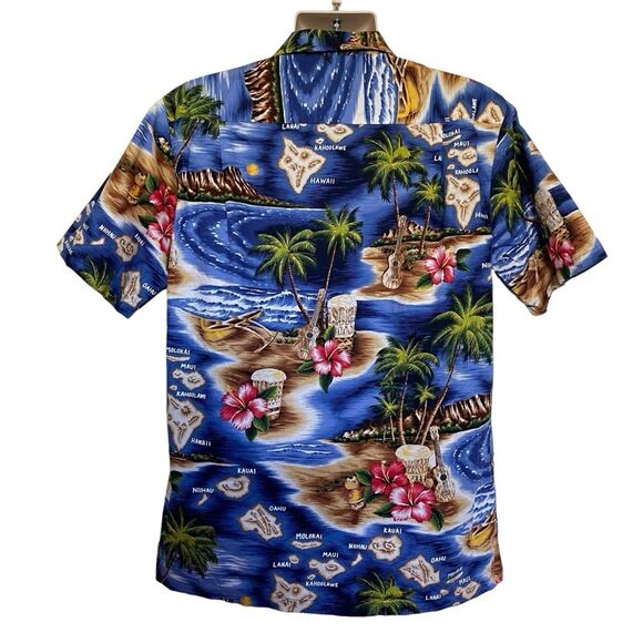 RJC Hawaiian Shirt Islands Music Drums Guitar Hibiscus Palm Trees Aloha Sz M - Picture 2 of 10